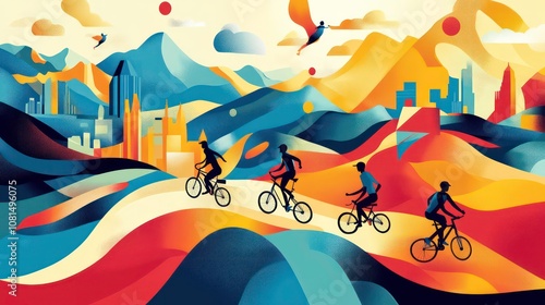 infographic illustrating various outdoor fitness activities including running, cycling, and hiking with abstract design elements and vibrant colors