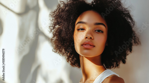 Portait of a beautiful woman with long wavy brunette hair elegant fashion background with copy space. for hair care advertising barber shop spa salon