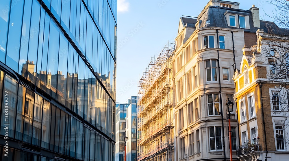 Modern and traditional buildings side by side in a city street. Modern and traditional buildings side by side in a city street.