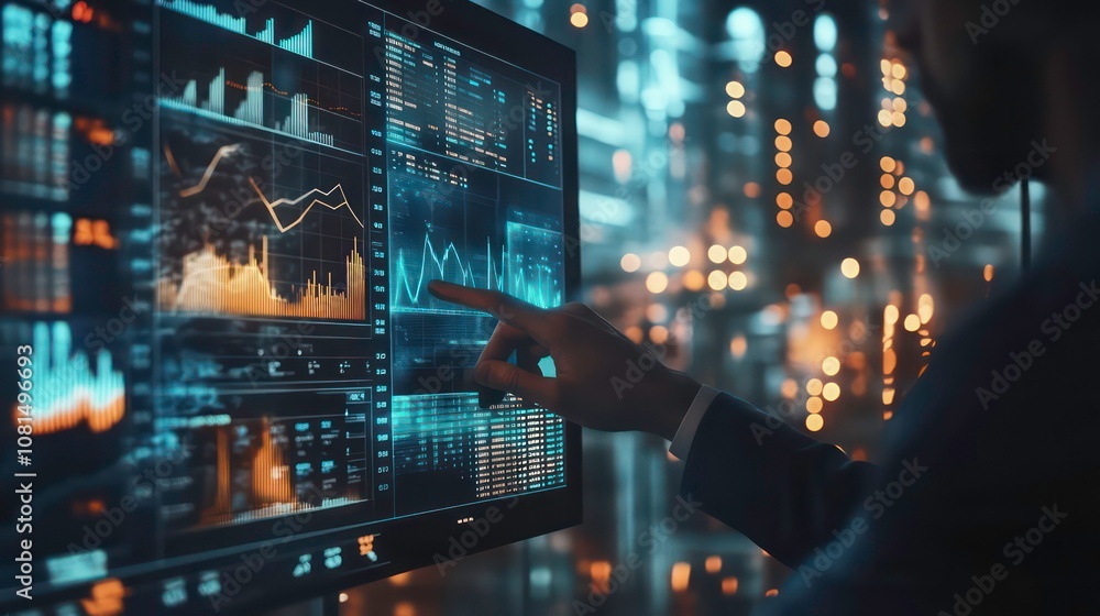 A businessman analyzing financial data on a large screen. A businessman analyzing financial data on a large screen.