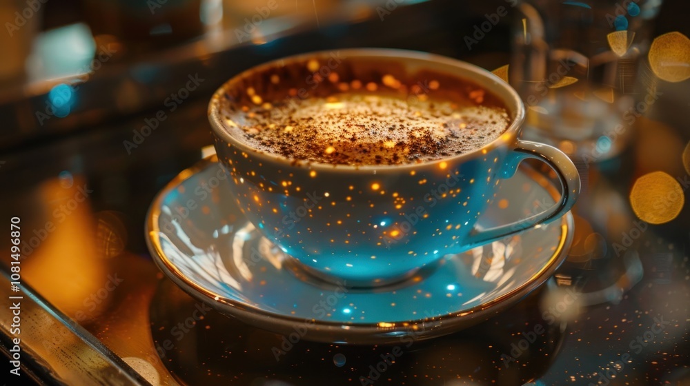 A cup of coffee with a starry design sits on a tray with bokeh lights in the background. A cup of coffee with a starry design sits on a tray with bokeh lights in the background.