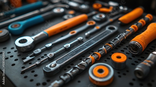 A variety of mechanic tools organized on a pegboard.