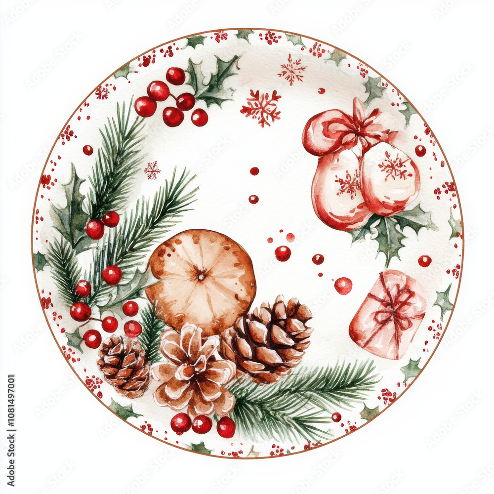 festive Christmas plate featuring pinecones, holly, and ornaments, evoking warm holiday spirit. Perfect for seasonal decor and celebrations festive Christmas plate featuring pinecones, holly, and ornaments, evoking warm holiday spirit. Perfect for seasonal decor and celebrations