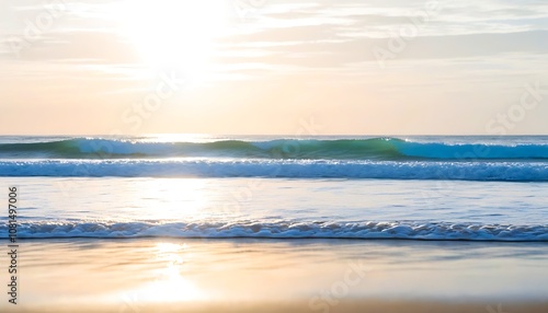 Scenic coast at dawn, gentle waves caressing the beach.