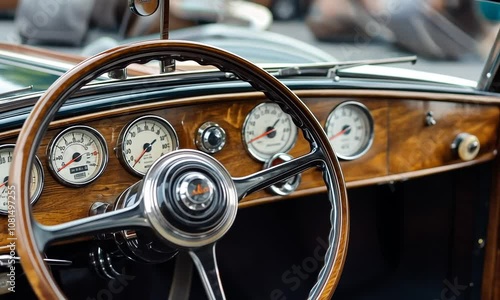Vintage car interior showcasing wood accents and classic gauges.