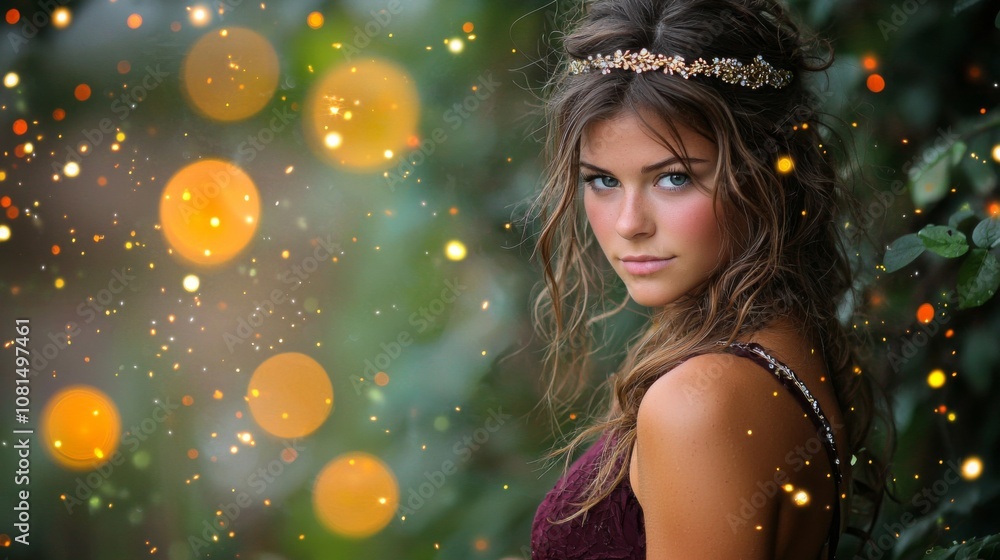A young woman with flowing hair and an elegant headpiece surrounded by soft golden lights in a lush outdoor setting A young woman with flowing hair and an elegant headpiece surrounded by soft golden lights in a lush outdoor setting