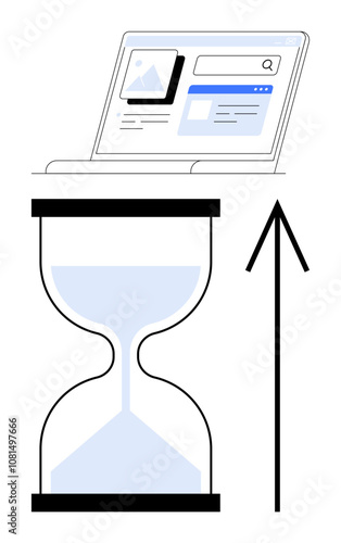 Laptop screen displaying a loading web, v10 page with hourglass and upward arrow. Ideal for time management, web, v10 design, progress tracking, online speed, user experience, deadlines, productivity