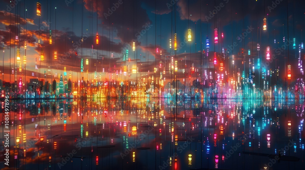 Fototapeta premium A vibrant city skyline at night with colorful lights and reflections in the water.