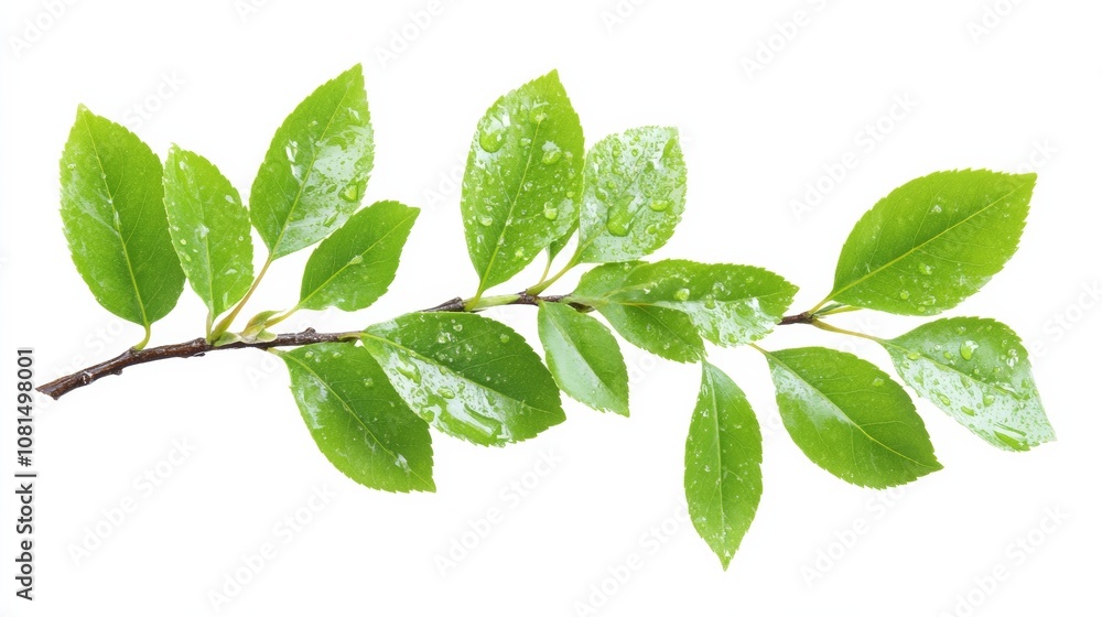 Fototapeta premium Green Leafy Branch with Water Drops