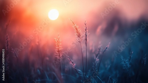 A field of grass with a sun in the background. The sun is setting and the grass is tall