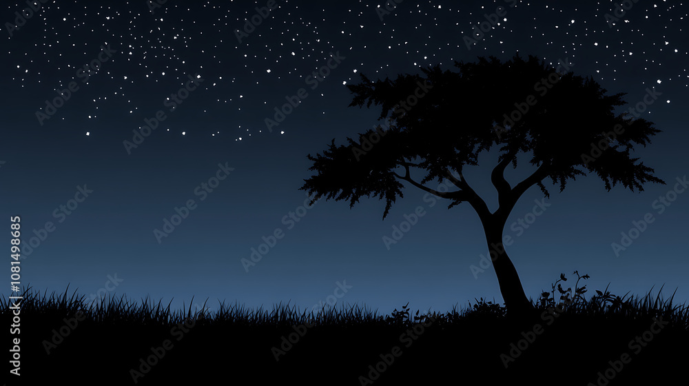 Naklejka premium Silhouette of a tree against a dark, starry night sky 