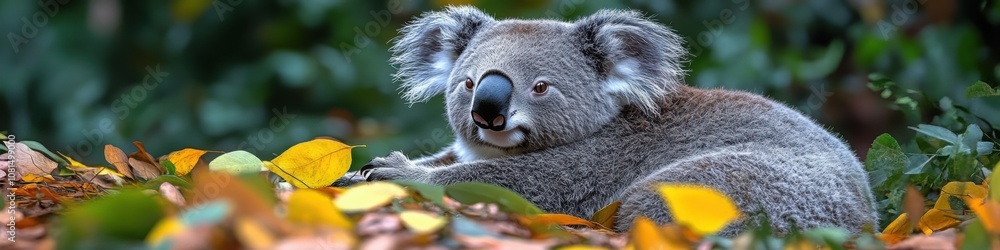 Koala lying amidst autumn leaves, resting peacefully with vibrant fall colors in the background
Koala lying amidst autumn leaves, resting peacefully with vibrant fall colors in the background