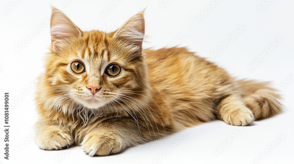 Obraz premium A cute cat on simple background looks at camera white background with copy space. pet fashion portrait minimalism adorable wallpaper 