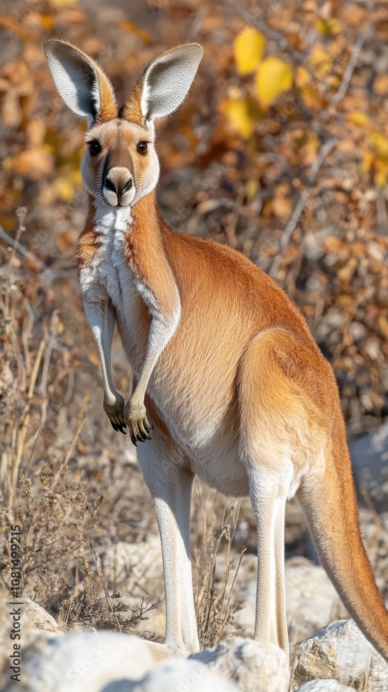 A majestic adult red kangaroo standing in a sunlit bushland setting, surrounded by dry vegetation and the warm colors of the Australian landscape.
A majestic adult red kangaroo standing in a sunlit bushland setting, surrounded by dry vegetation and the warm colors of the Australian landscape.