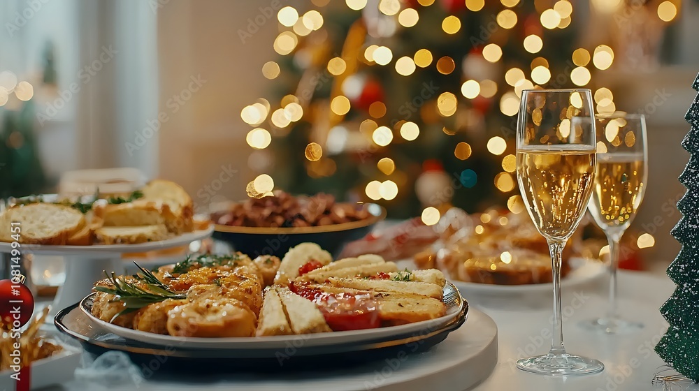 a holiday buffet setup, showcasing an assortment of savory dishes with Christmas tree napkin folds and sparkling drink glasses, creating a festive ambiance a holiday buffet setup, showcasing an assortment of savory dishes with Christmas tree napkin folds and sparkling drink glasses, creating a festive ambiance