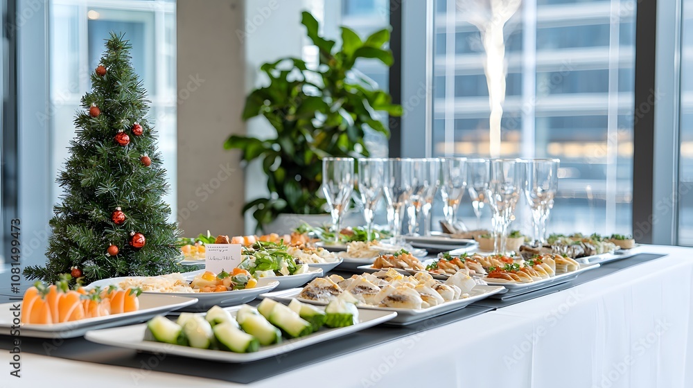 a holiday buffet setup, showcasing an assortment of savory dishes with Christmas tree napkin folds and sparkling drink glasses, creating a festive ambiance a holiday buffet setup, showcasing an assortment of savory dishes with Christmas tree napkin folds and sparkling drink glasses, creating a festive ambiance