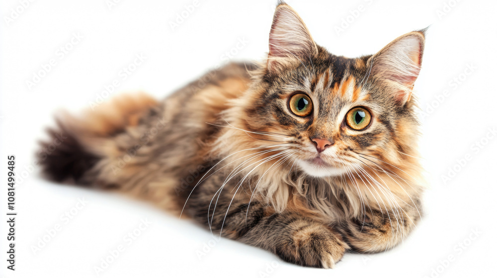 Obraz premium A cute cat on simple background looks at camera white background with copy space. pet fashion portrait minimalism adorable wallpaper 