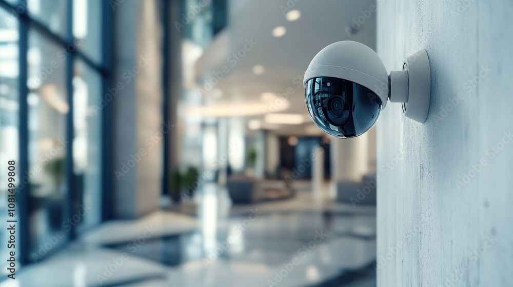 A camera is mounted on a wall in a room. The camera is white and has a black lens A camera is mounted on a wall in a room. The camera is white and has a black lens