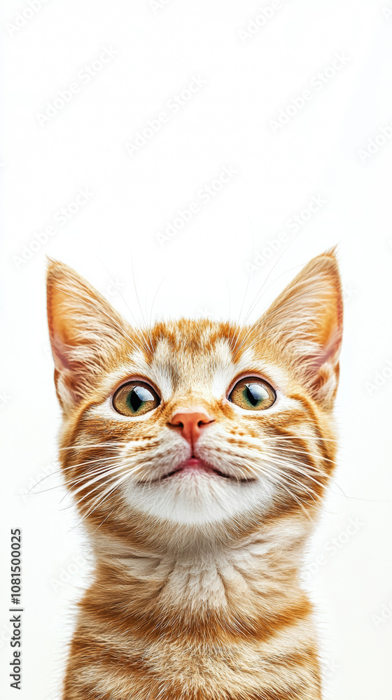 A cute cat on simple white background looks at camera background with copy space. pet fashion portrait minimalism adorable wallpaper A cute cat on simple white background looks at camera background with copy space. pet fashion portrait minimalism adorable wallpaper