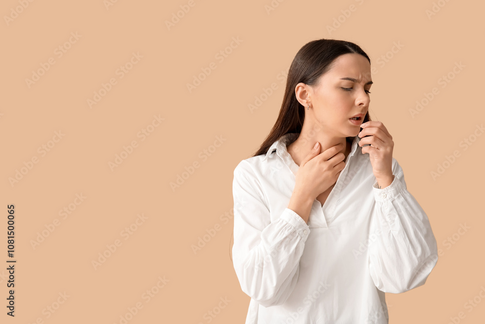 Beautiful young woman suffering from sore throat on brown background Beautiful young woman suffering from sore throat on brown background