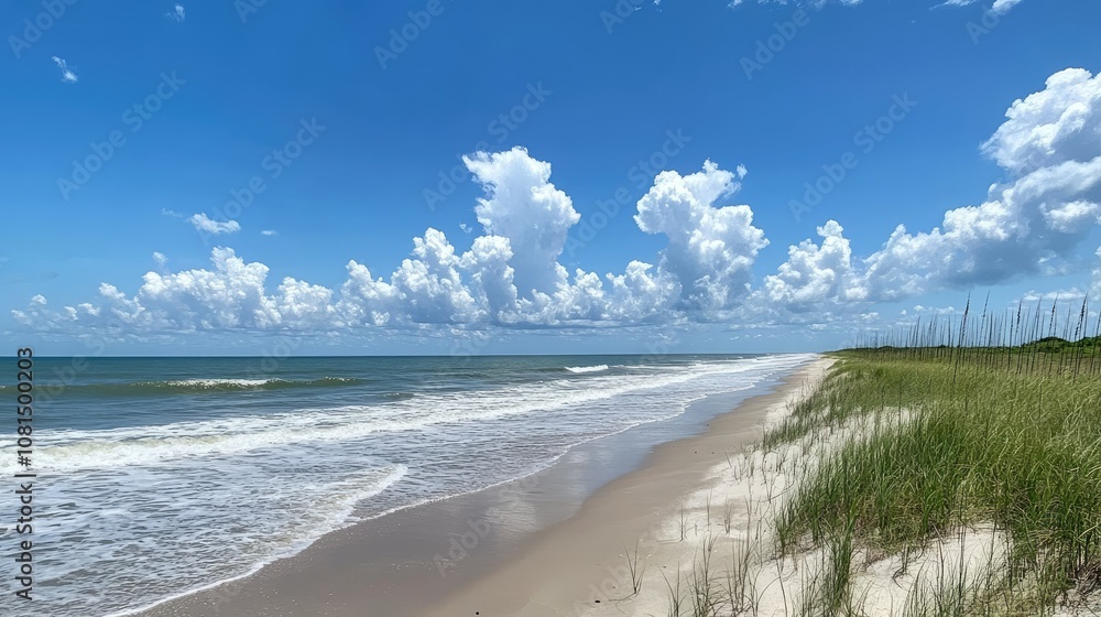 Fototapeta premium Peaceful waves roll toward shore, vast blue sky highlighting coastal beauty