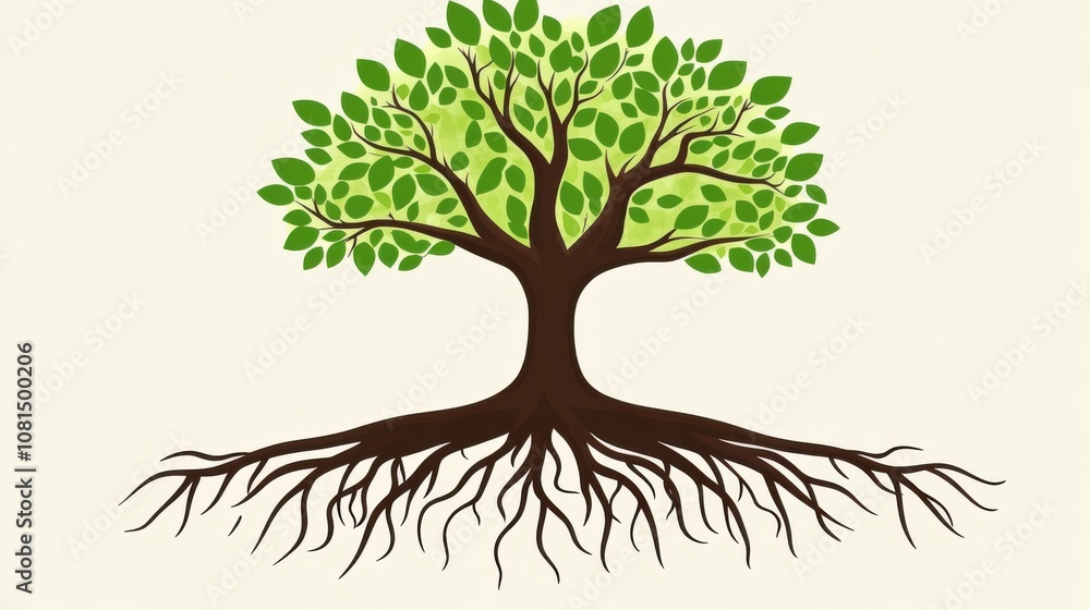 Vibrant Tree Illustration with Lush Green Leaves and Strong Roots Showcasing Nature's Beauty and Growth, Perfect for Eco-Friendly or Nature-Themed Projects Vibrant Tree Illustration with Lush Green Leaves and Strong Roots Showcasing Nature's Beauty and Growth, Perfect for Eco-Friendly or Nature-Themed Projects