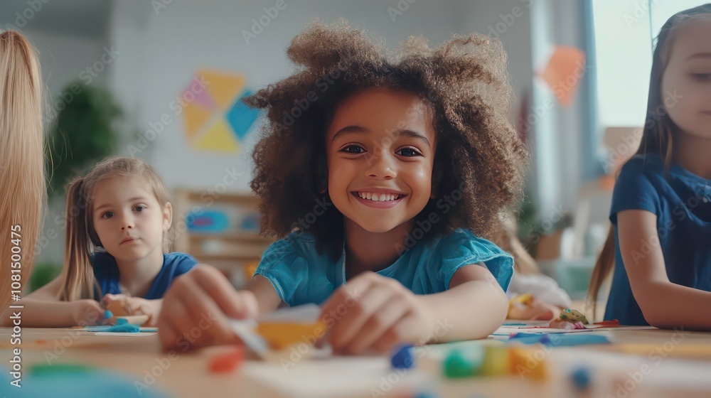 Fototapeta premium A young girl with curly hair smiles at the camera while working on a craft project with her classmates.
