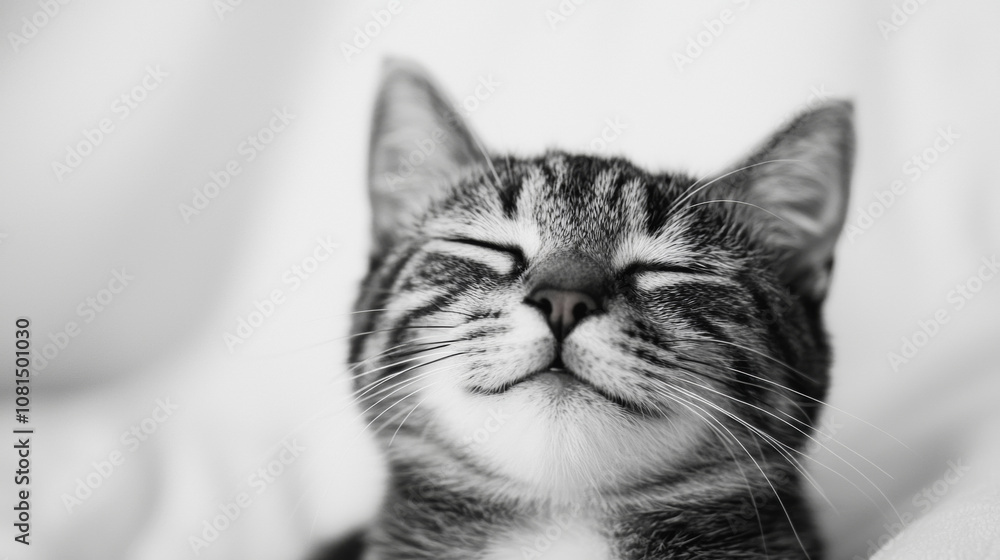 Naklejka premium A cute cat on simple white background smile relax looks background with copy space. pet fashion portrait minimalism adorable wallpaper 