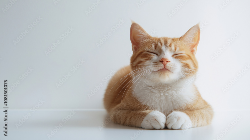 A cute cat on simple white background smile relax looks background with copy space. pet fashion portrait minimalism adorable wallpaper A cute cat on simple white background smile relax looks background with copy space. pet fashion portrait minimalism adorable wallpaper