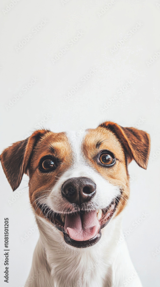 A cute dog puppy on simple white background looks at camera background with copy space. pet fashion portrait minimalism adorable wallpaper A cute dog puppy on simple white background looks at camera background with copy space. pet fashion portrait minimalism adorable wallpaper