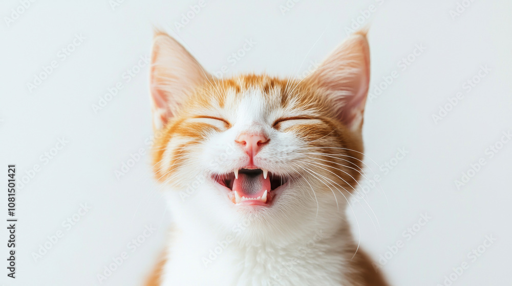 A cute cat on simple white background smile relax looks background with copy space. pet fashion portrait minimalism adorable wallpaper A cute cat on simple white background smile relax looks background with copy space. pet fashion portrait minimalism adorable wallpaper