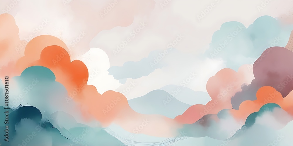 Abstract Digital Artwork of Flowing Cloud-Like Shapes in Teal, Blue, Peach, and Coral on Soft Off-White Background Abstract Digital Artwork of Flowing Cloud-Like Shapes in Teal, Blue, Peach, and Coral on Soft Off-White Background