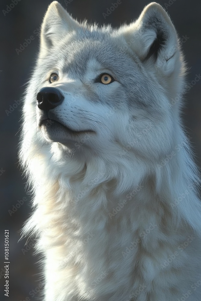Obraz premium A majestic Arctic Fox gazes upwards with a serene expression, showcasing its thick white fur against a blurred background.