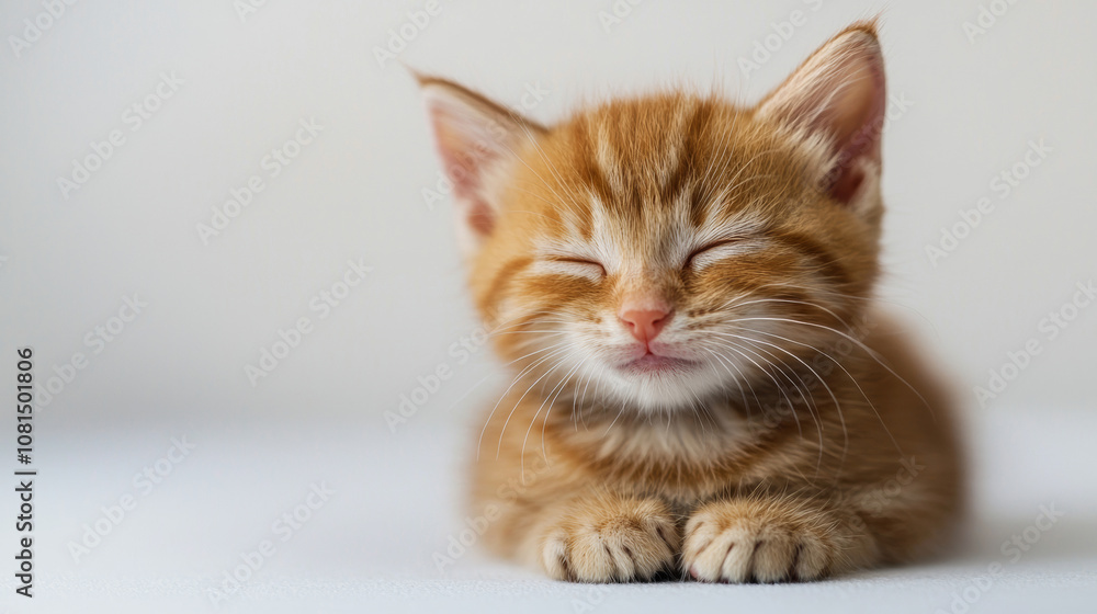Obraz premium A cute cat on simple white background smile relax looks background with copy space. pet fashion portrait minimalism adorable wallpaper 