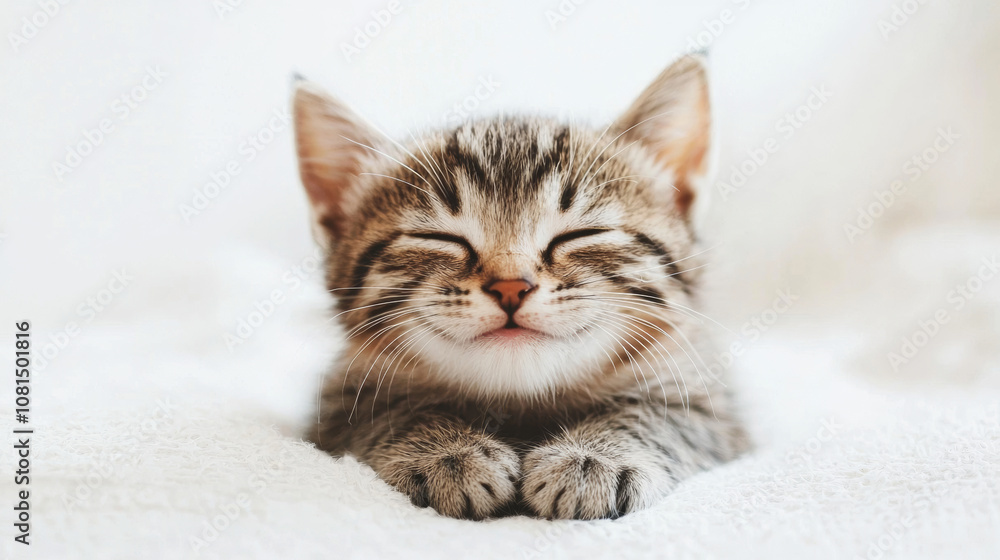 A cute cat on simple white background smile relax looks background with copy space. pet fashion portrait minimalism adorable wallpaper A cute cat on simple white background smile relax looks background with copy space. pet fashion portrait minimalism adorable wallpaper