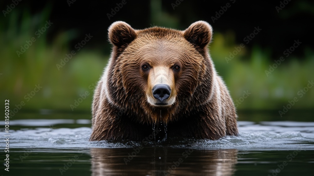 A powerful Grizzly Bear emerges from a calm lake, staring intently as it stands partially submerged in water, surrounded by lush greenery.
A powerful Grizzly Bear emerges from a calm lake, staring intently as it stands partially submerged in water, surrounded by lush greenery.