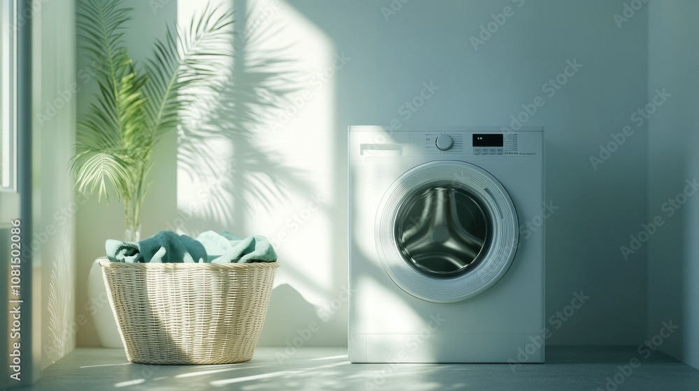 A white washing machine is in front of a basket of white clothes A white washing machine is in front of a basket of white clothes