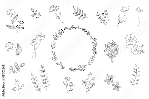 シンプルな植物の線画イラストセット