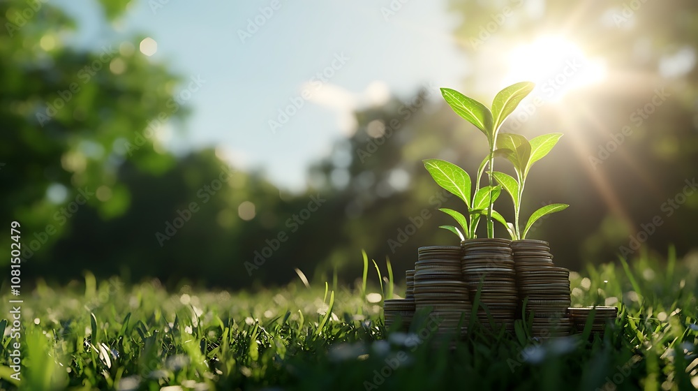 Two green seedlings growing on top of a stack of coins in the grass under a bright summer sun. Two green seedlings growing on top of a stack of coins in the grass under a bright summer sun.