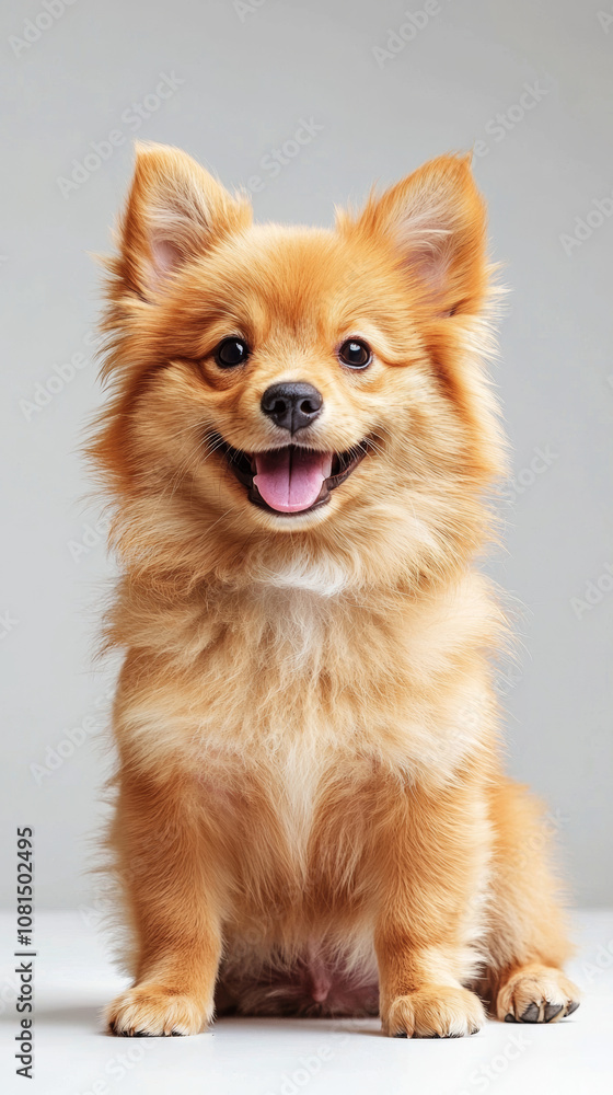Obraz premium A cute dog puppy on simple white background looks at camera background with copy space. pet fashion portrait minimalism adorable wallpaper 