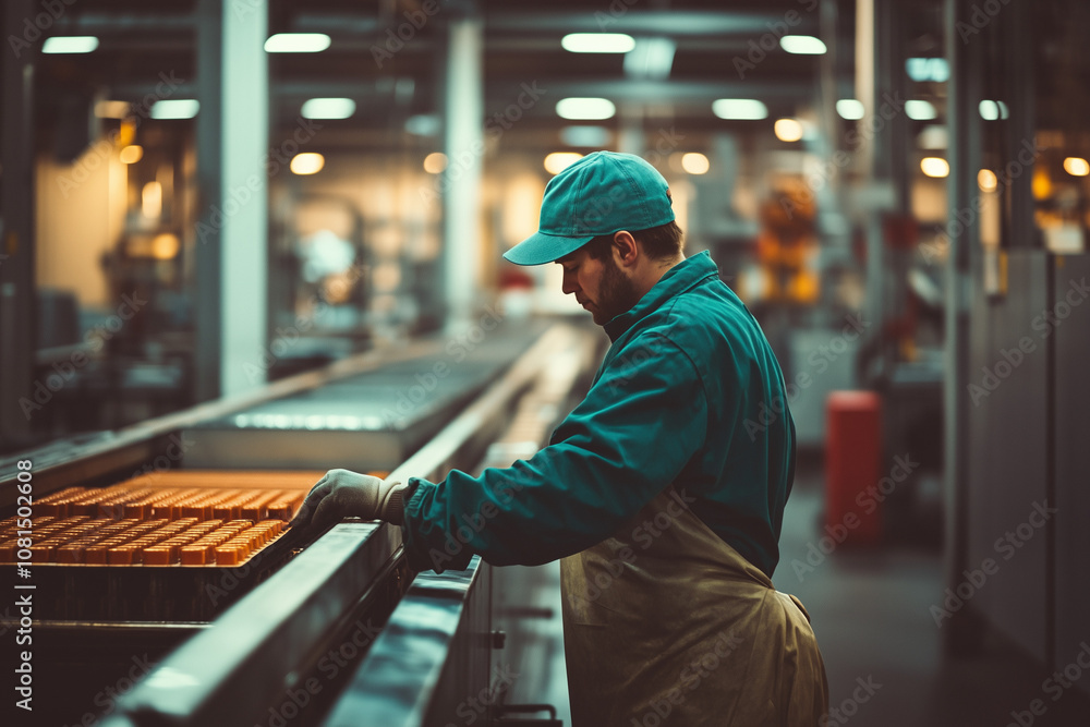 Portrait of labor in assembly line factory, Selective focus worker stand near conveyor belt in industrial factory. Portrait of labor in assembly line factory, Selective focus worker stand near conveyor belt in industrial factory.
