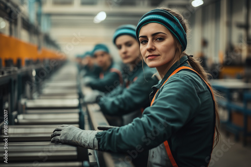 Portrait of woman labor in assembly line factory, Selective focus worker stand near conveyor belt in industrial factory, Group of worker in line process factory.