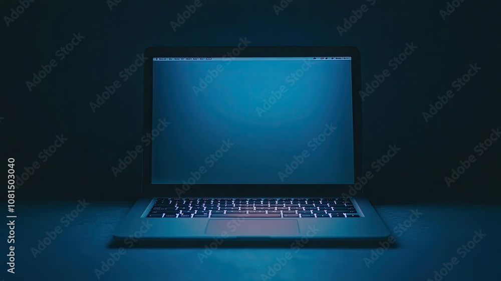 Silver laptop on a simple dark blue background, screen off with a clean, professional atmosphere. Silver laptop on a simple dark blue background, screen off with a clean, professional atmosphere.