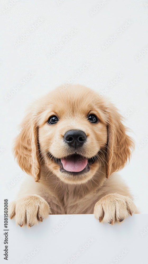 A cute dog puppy on simple white background looks at camera background with copy space. pet fashion portrait minimalism adorable wallpaper A cute dog puppy on simple white background looks at camera background with copy space. pet fashion portrait minimalism adorable wallpaper