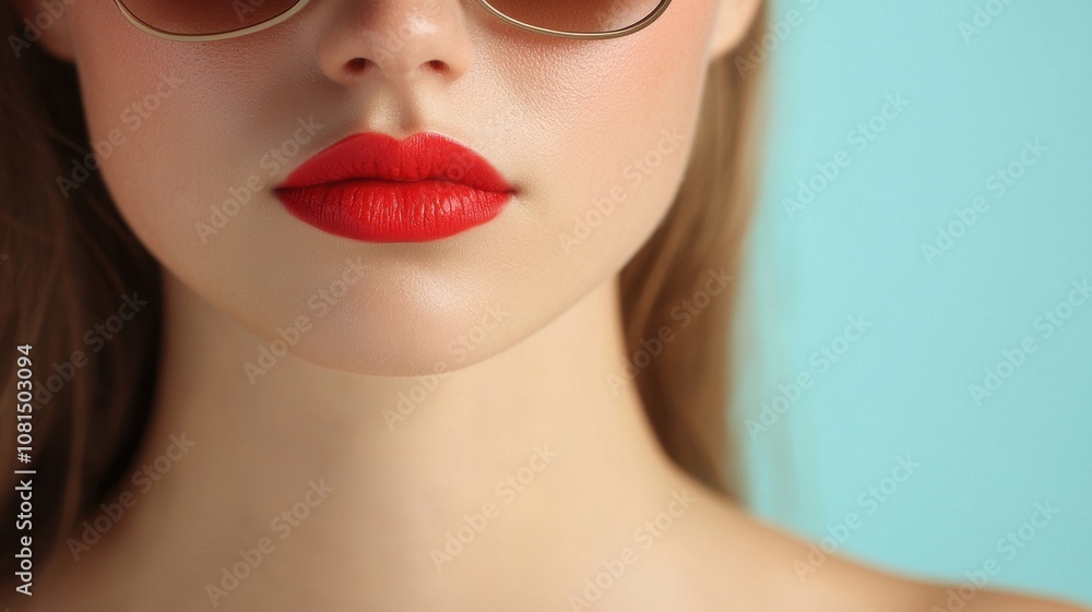 A close-up of a woman, lips and face, featuring glossy red lipstick and stylish sunglasses against a soft blue background.