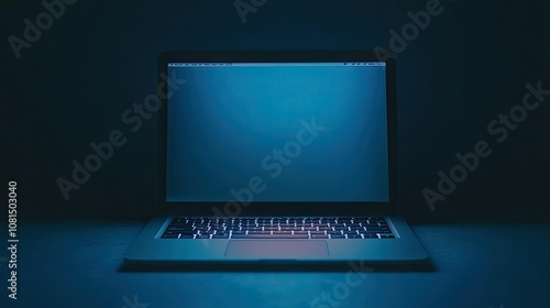 Silver laptop on a simple dark blue background, screen off with a clean, professional atmosphere.