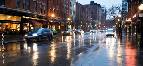 Wet city street with cars driving by and reflections of street lights in the puddles.