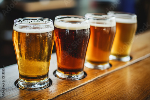 Selective focus variety of craft beer with different ingredient, Close up shot glass of beer with stout, ale and larger.