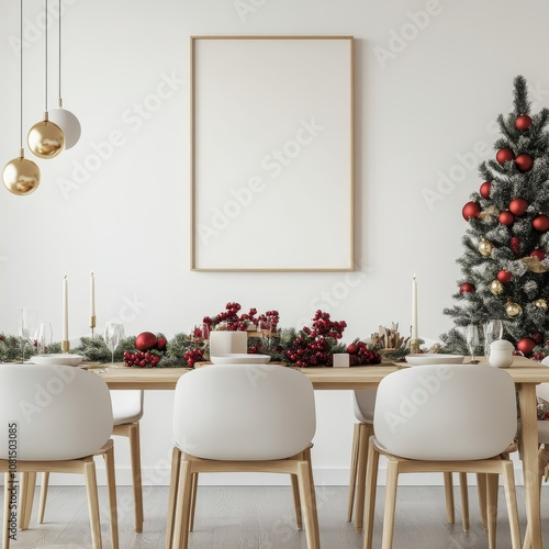 This cozy dining room set up features a mock-up picture frame on a white wall, surrounded by red, green and gold Christmas decorations on the table, adding a warm holiday touch.