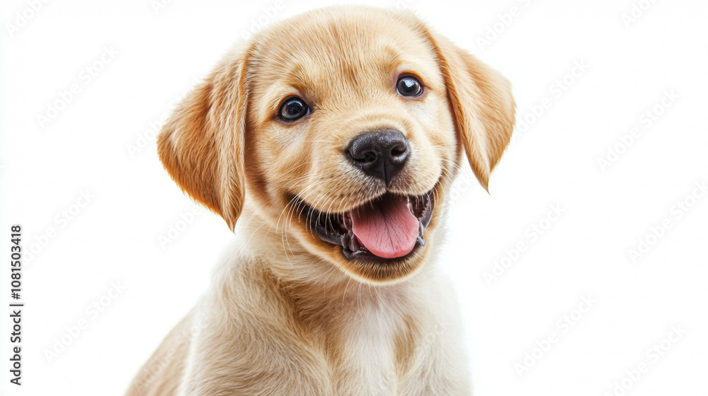 A cute dog puppy looks at camera simple white background with copy space. pet fashion portrait minimalism adorable wallpaper A cute dog puppy looks at camera simple white background with copy space. pet fashion portrait minimalism adorable wallpaper